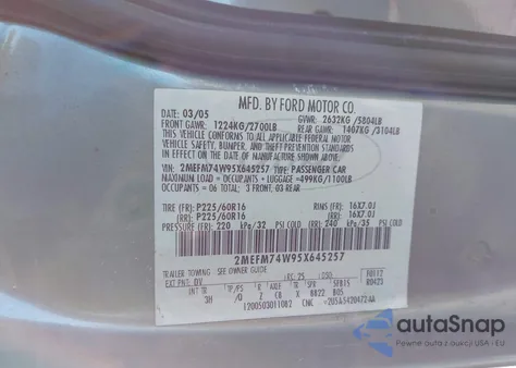 2005 Mercury Grand Marquis Gs z USA, uszkodzony, nr VIN 2MEFM74W95X645257